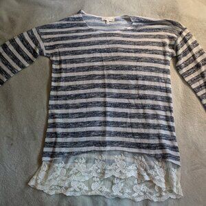 WOMEN'S SHIRT S Dept222 Boho Long Sleeves White Lace Trim Blue Stripes Dept 222